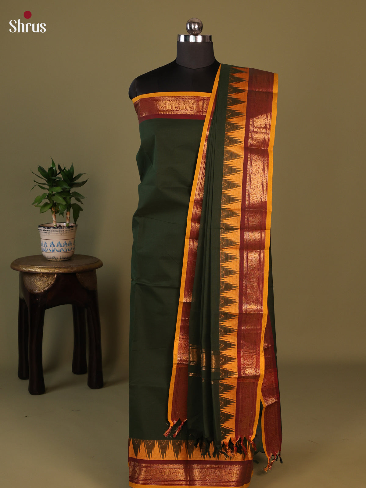 Green with Mustard Chettinad Cotton Unstitched Suit Set