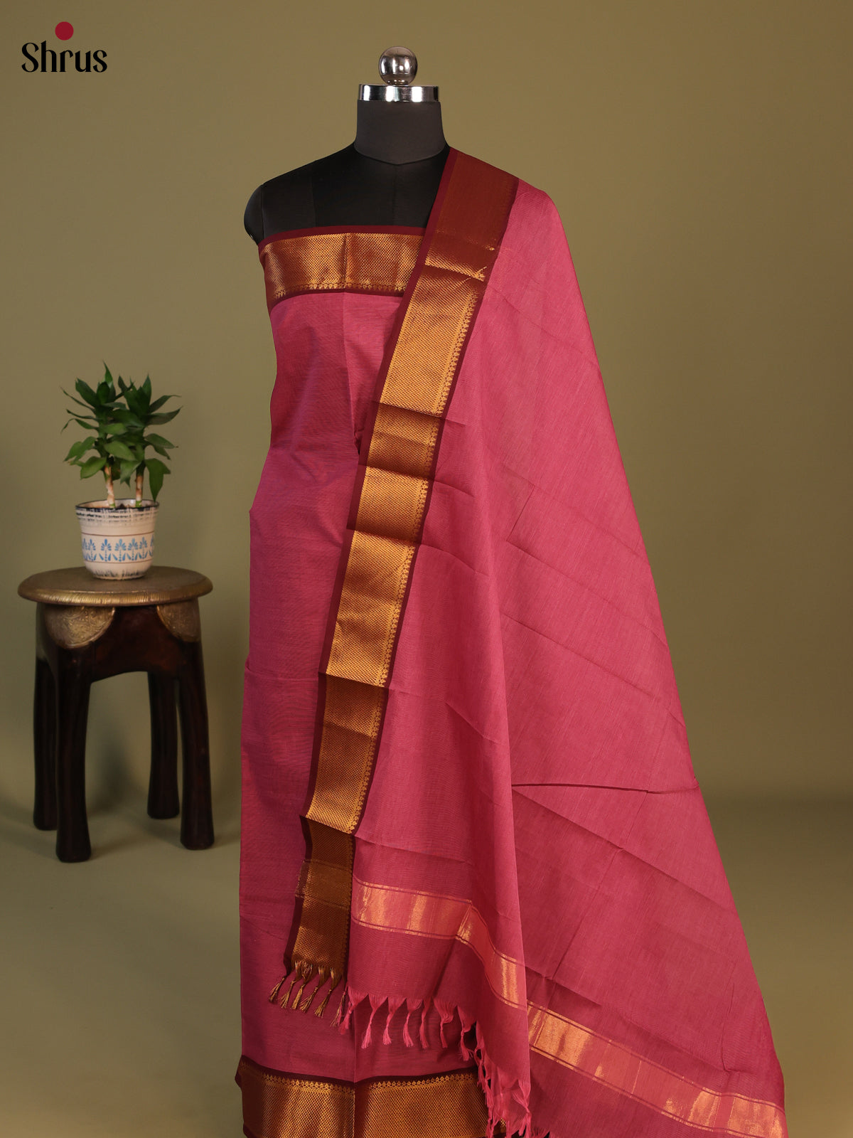 Pink & Maroon Chettinad Cotton Unstitched Top & Dupatta - MCL25008