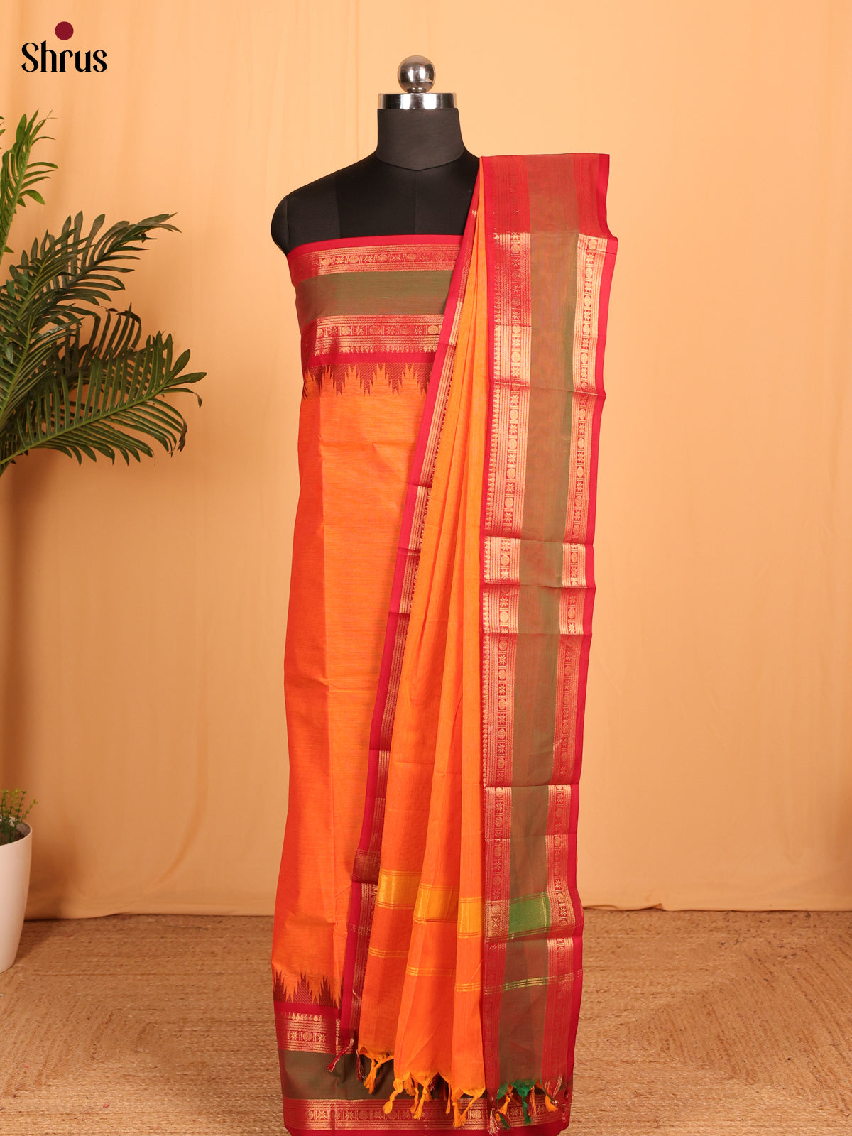 Orange with Red Chettinad Cotton Unstitched Suit Set