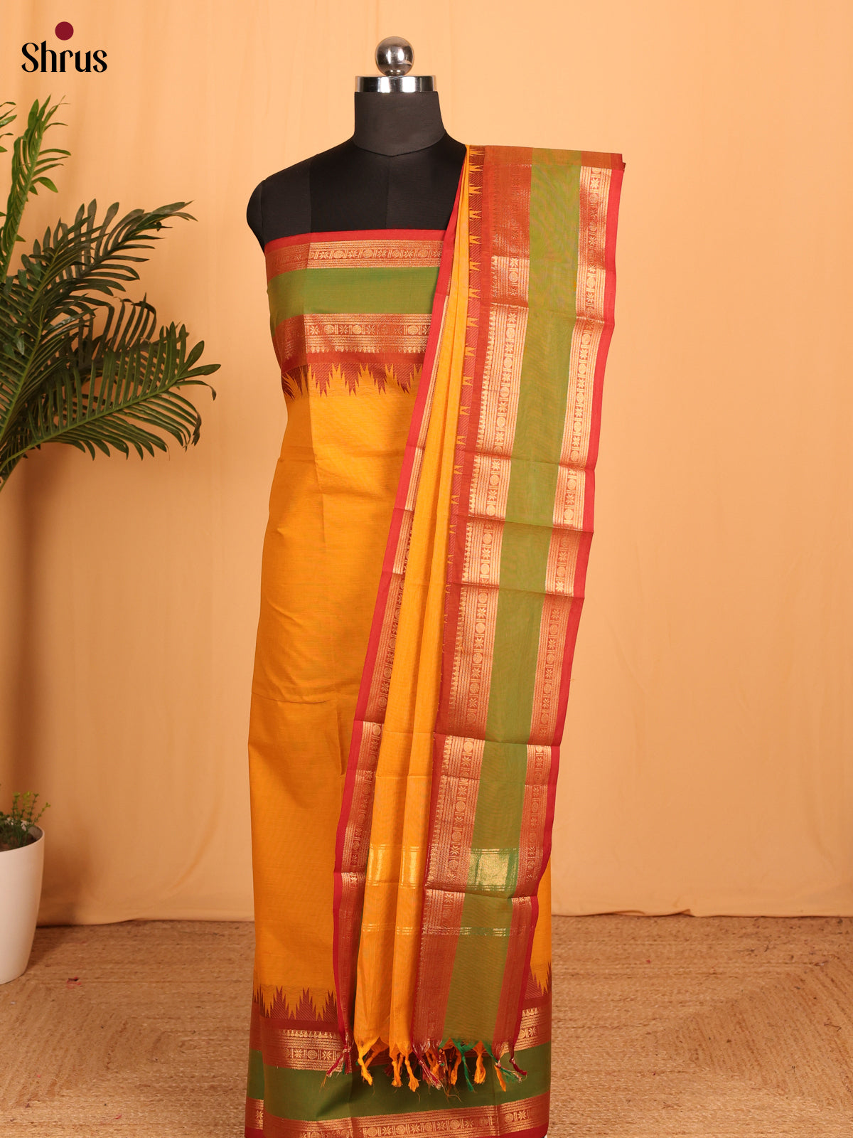 Yellow With Red Chettinad Cotton Unstitched Top & Dupatta - MCL25010
