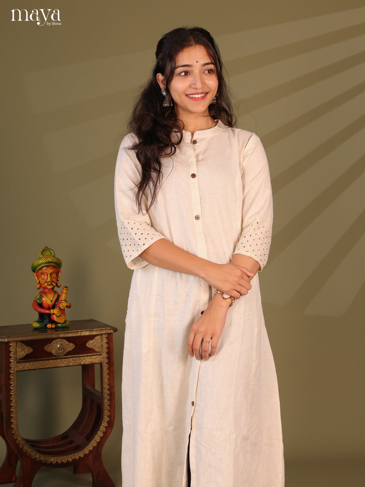 Cream Cotton Solid Salwar Kurti