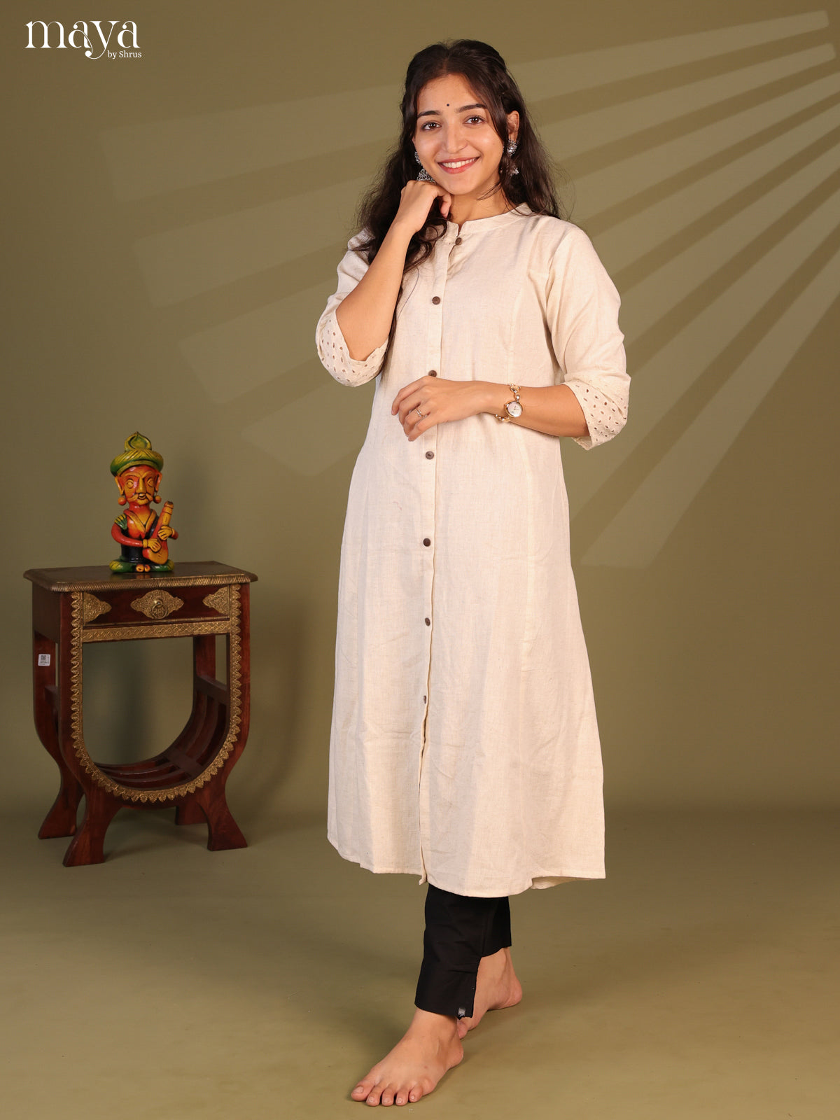 Cream Cotton Solid Salwar Kurti