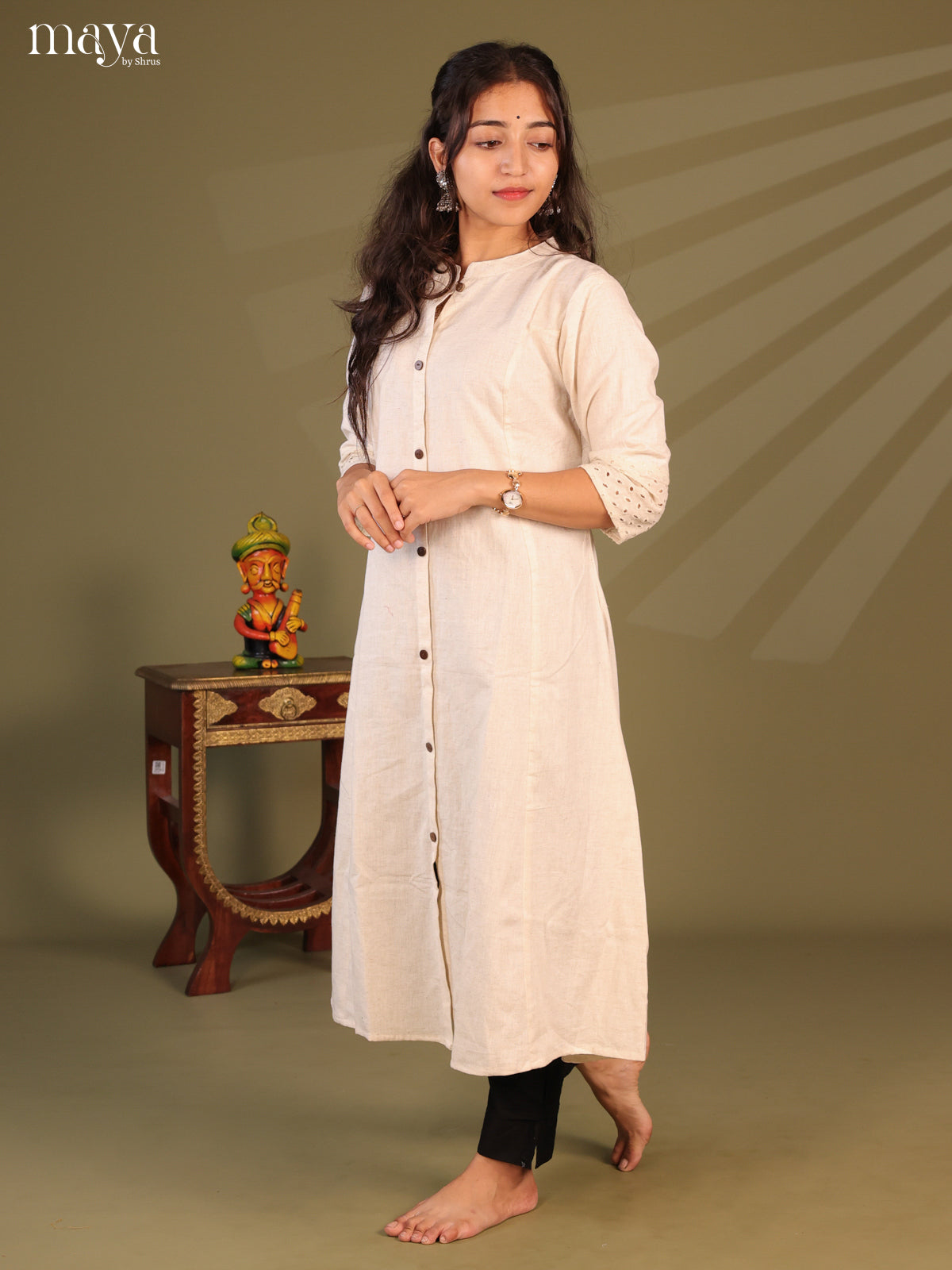 Cream Cotton Solid Salwar Kurti