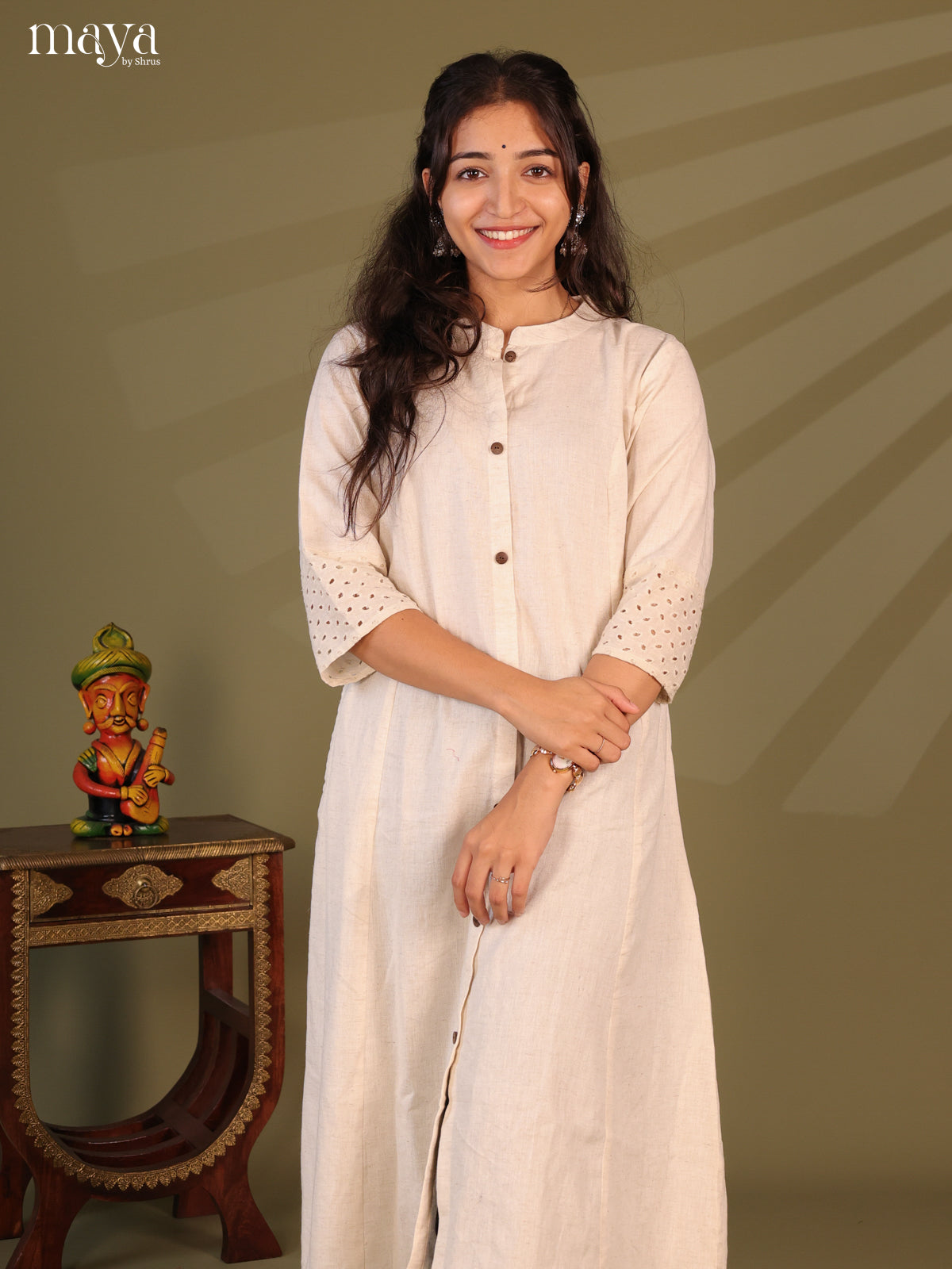 Cream Cotton Solid Salwar Kurti