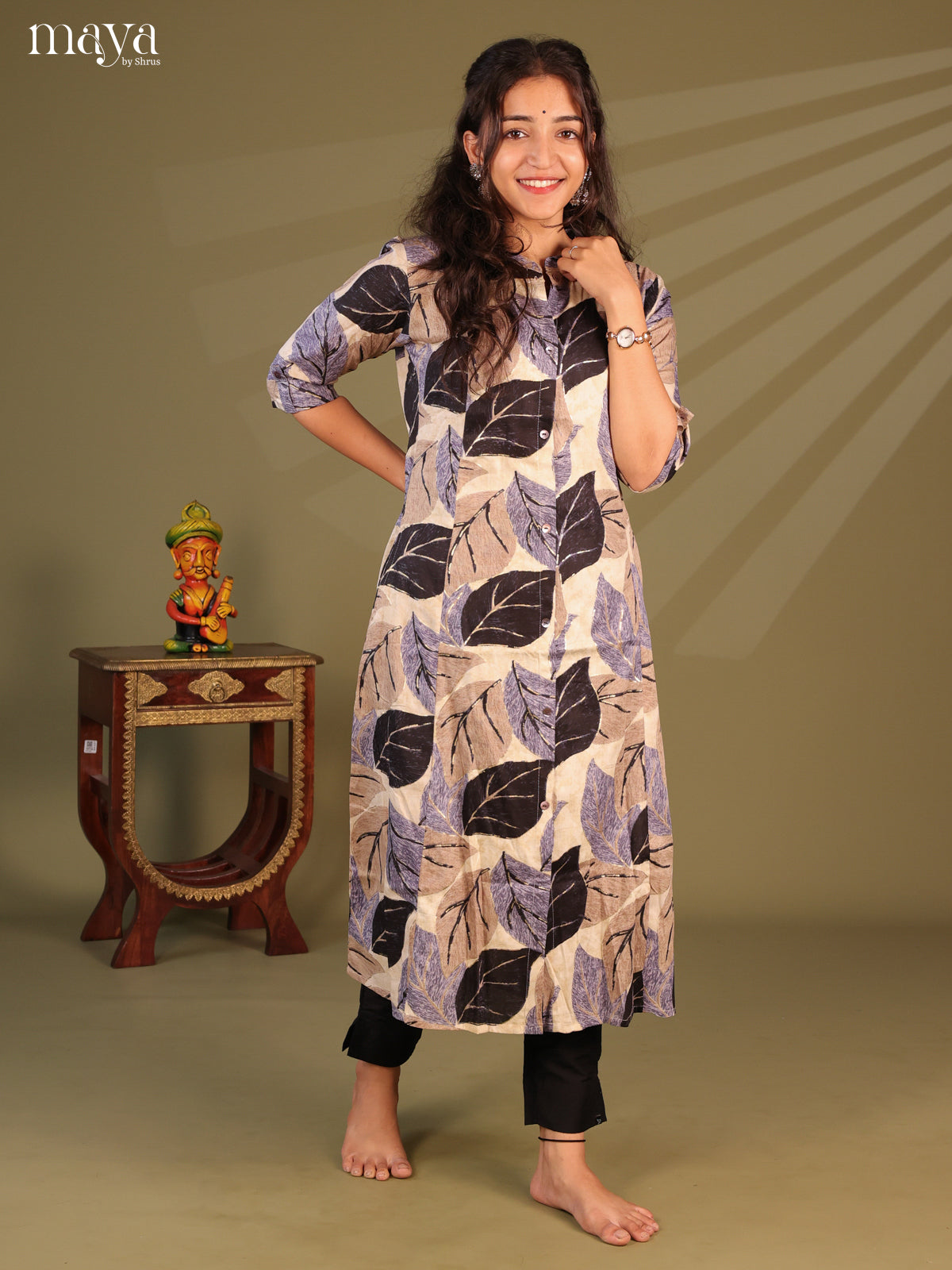 Cream Floral Printed Rayon Kurti