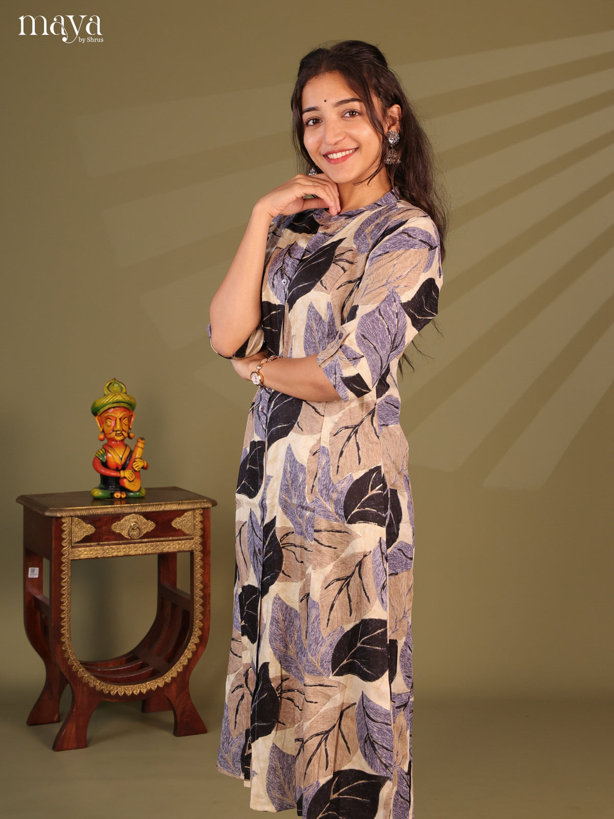 Cream Floral Printed Rayon Kurti