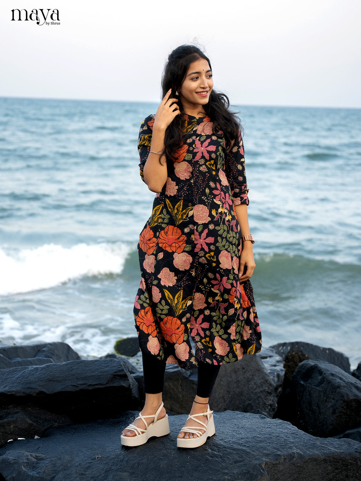 Black Floral Printed Rayon Kurti