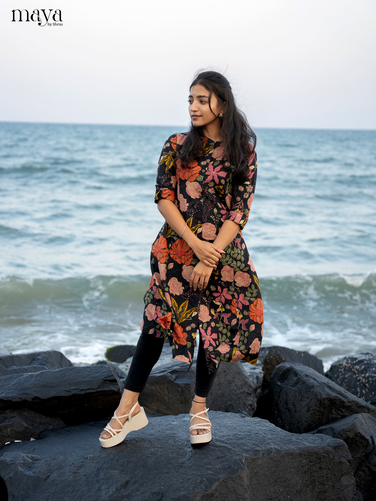 Black Floral Printed Rayon Kurti