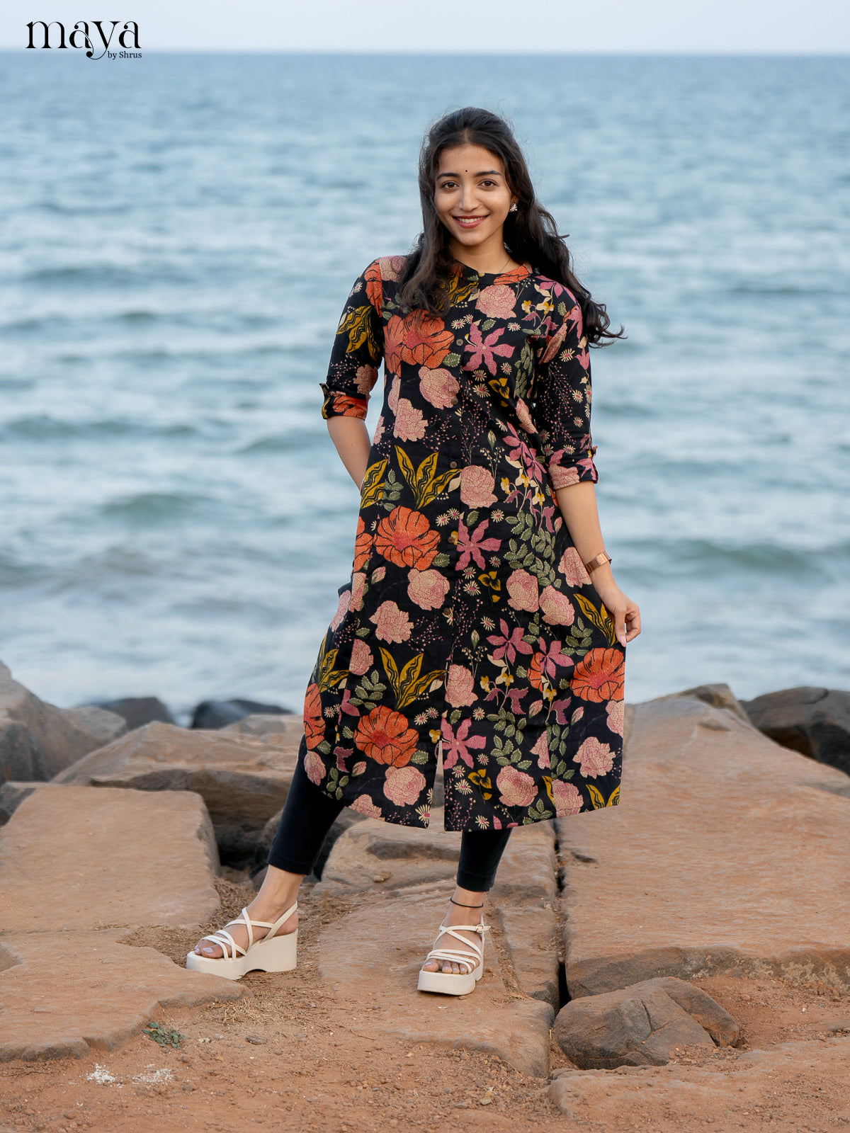 Black Floral Printed Rayon Kurti
