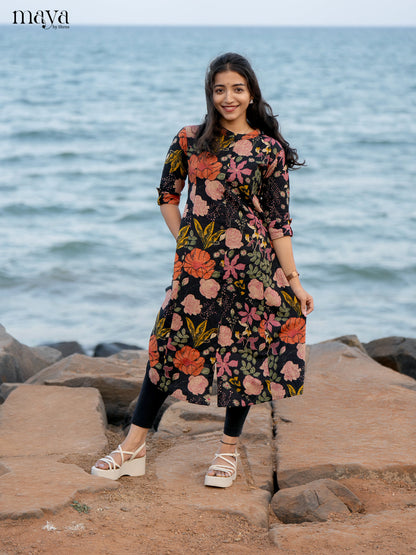 Black Floral Printed Rayon Kurti