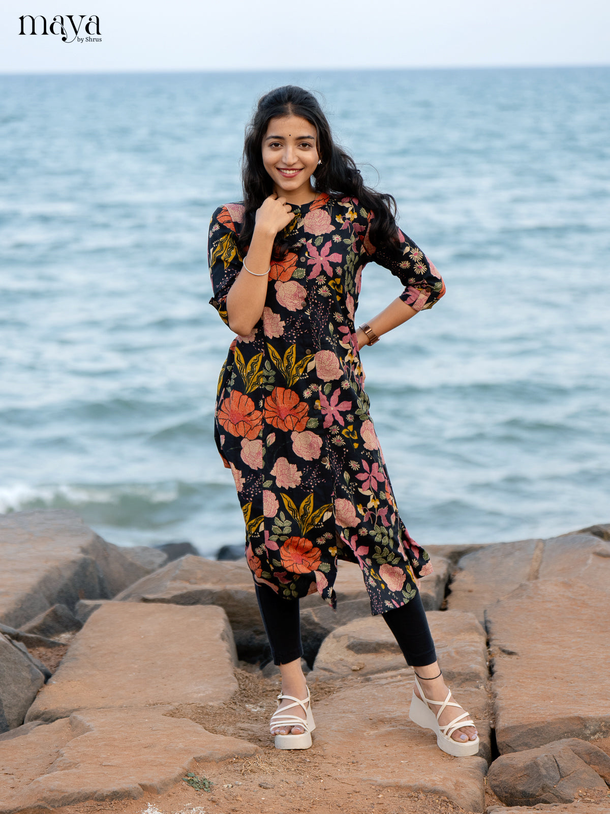 Black Floral Printed Rayon Kurti