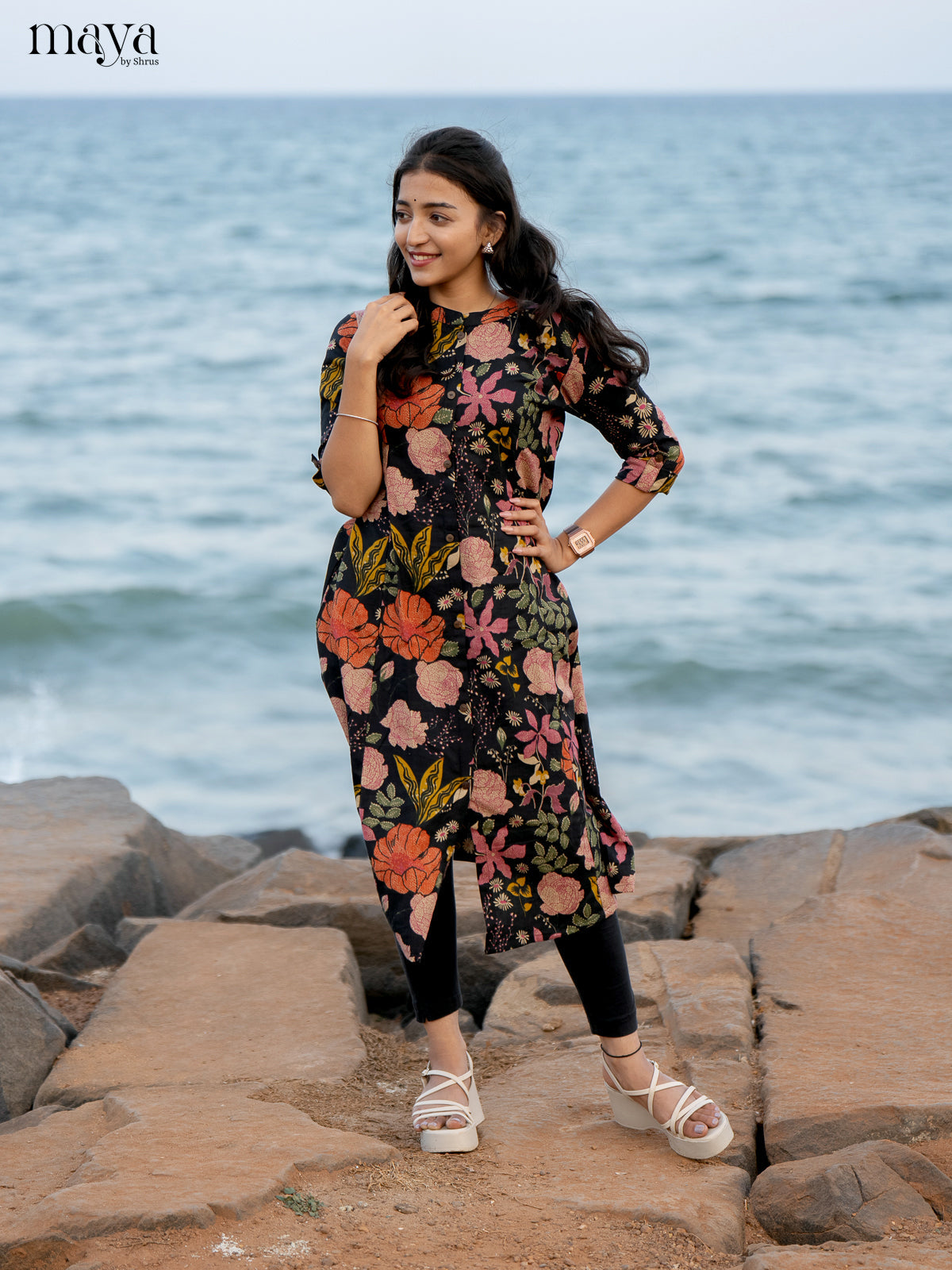 Black Floral Printed Rayon Kurti