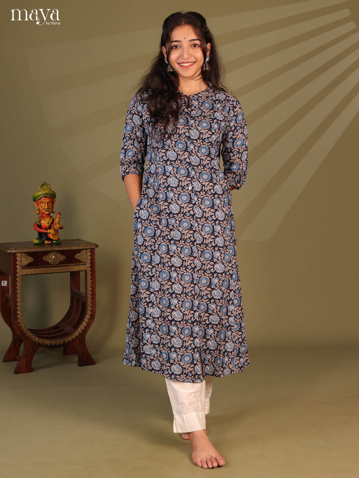 Blue Floral Printed Rayon Kurti
