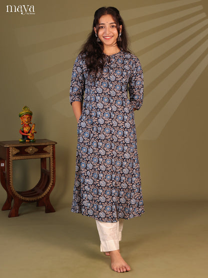 Blue Floral Printed Rayon Kurti