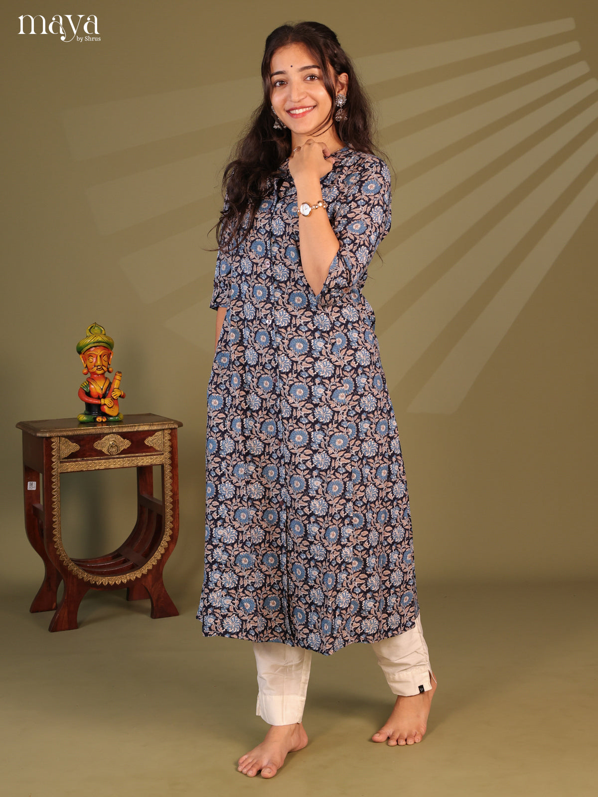 Blue Floral Printed Rayon Kurti