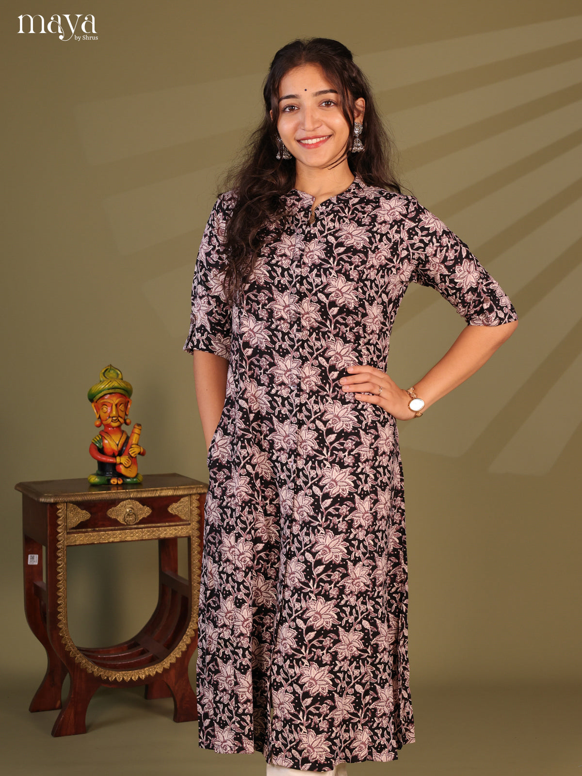 Black Floral Printed Rayon Kurti