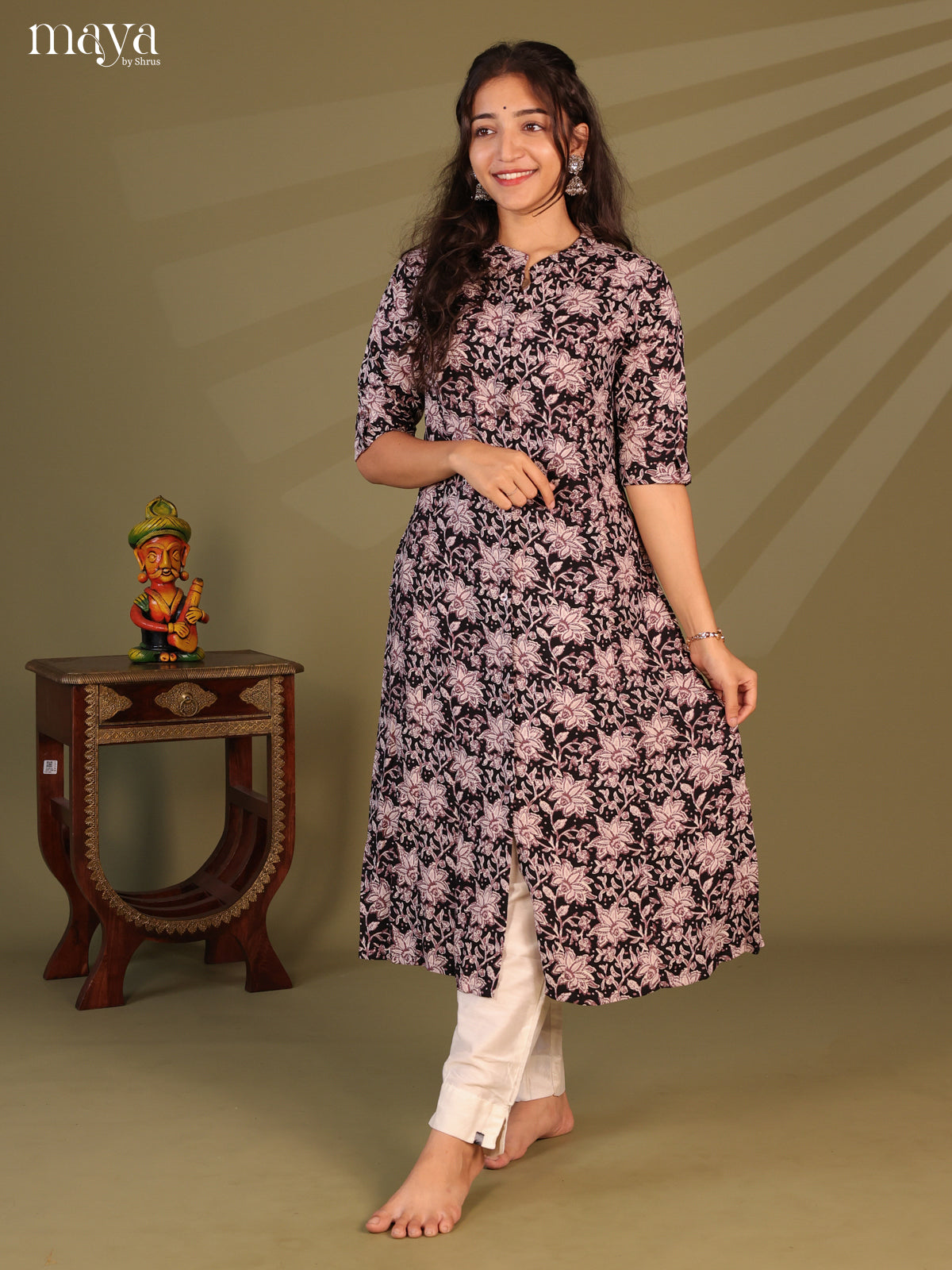 Black Floral Printed Rayon Kurti