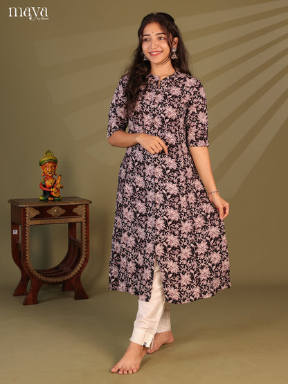 Black Floral Printed Rayon Kurti