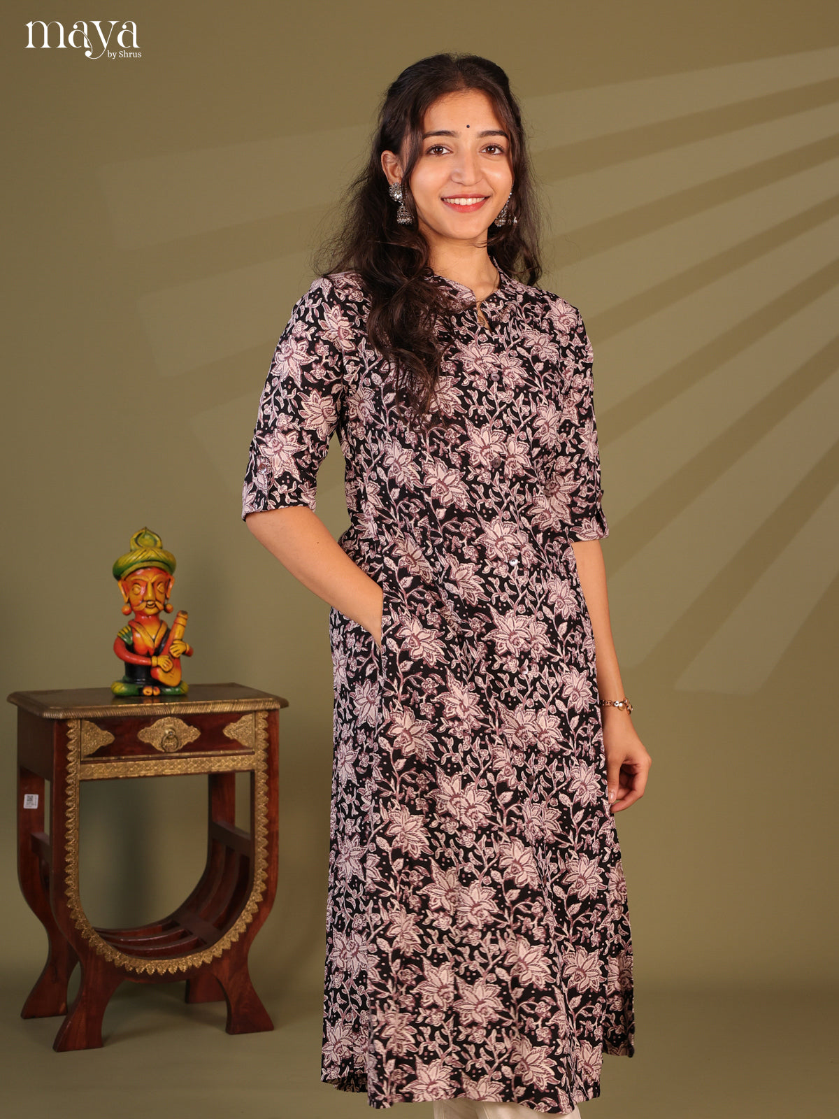 Black Floral Printed Rayon Kurti
