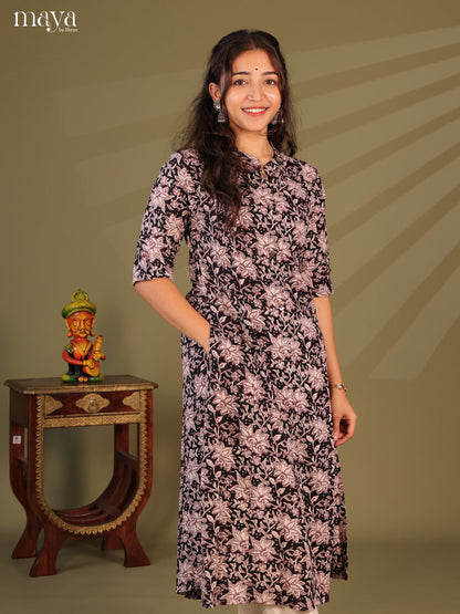 Black Floral Printed Rayon Kurti