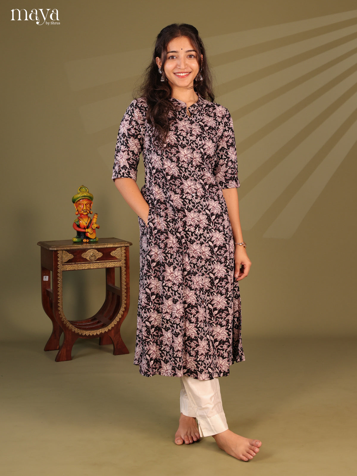 Black Floral Printed Rayon Kurti