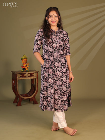 Black Floral Printed Rayon Kurti