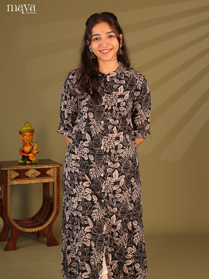 Black Floral Printed Rayon Kurti