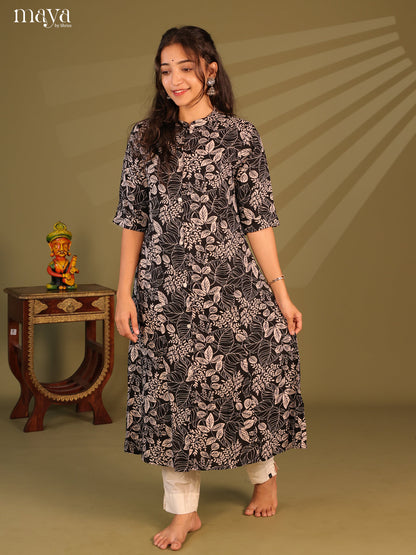 Black Floral Printed Rayon Kurti
