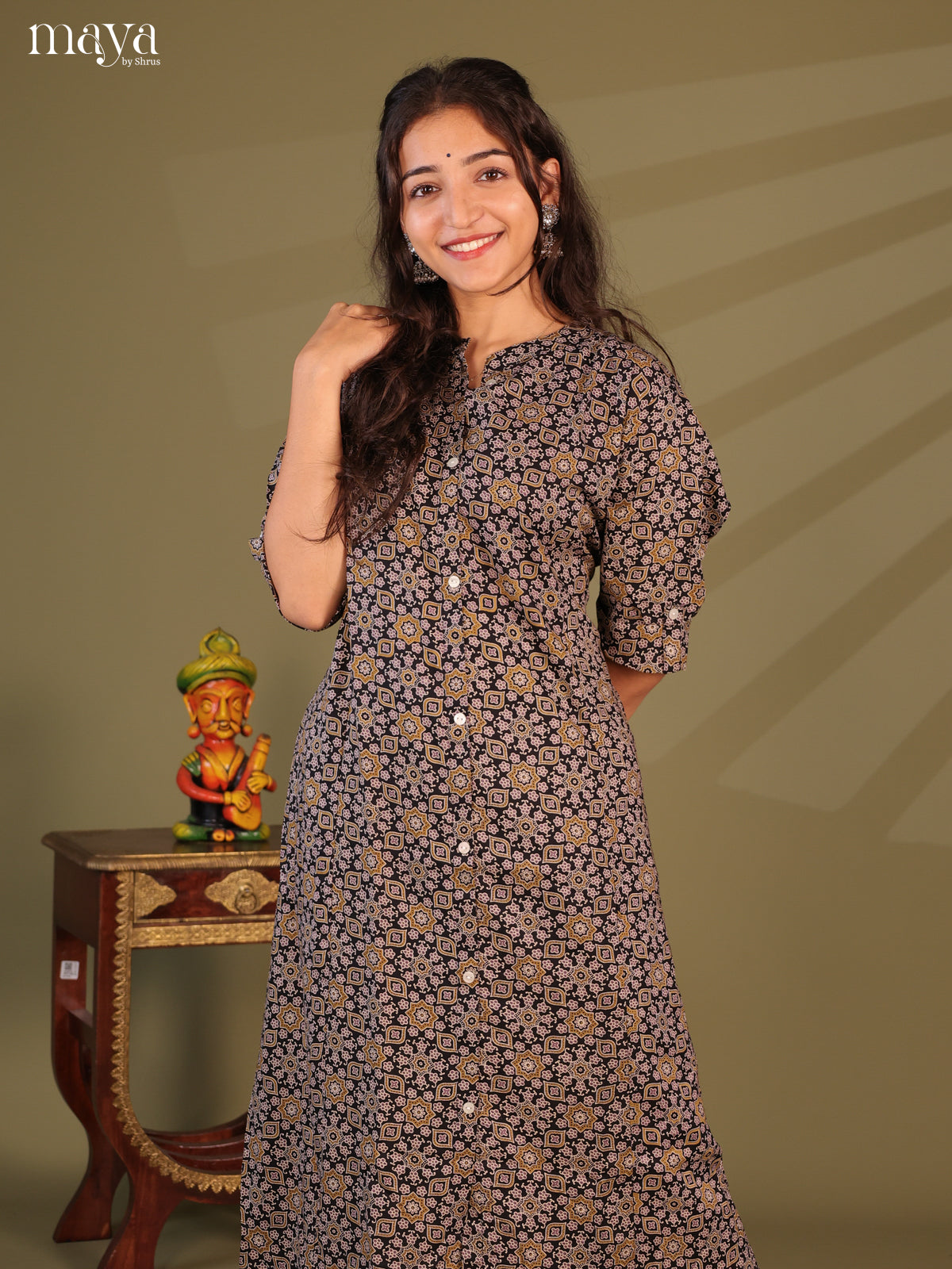 Black Ajrakh Printed Rayon Kurti