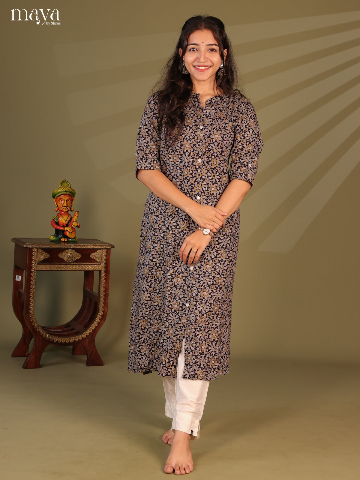 Black Ajrakh Printed Rayon Kurti