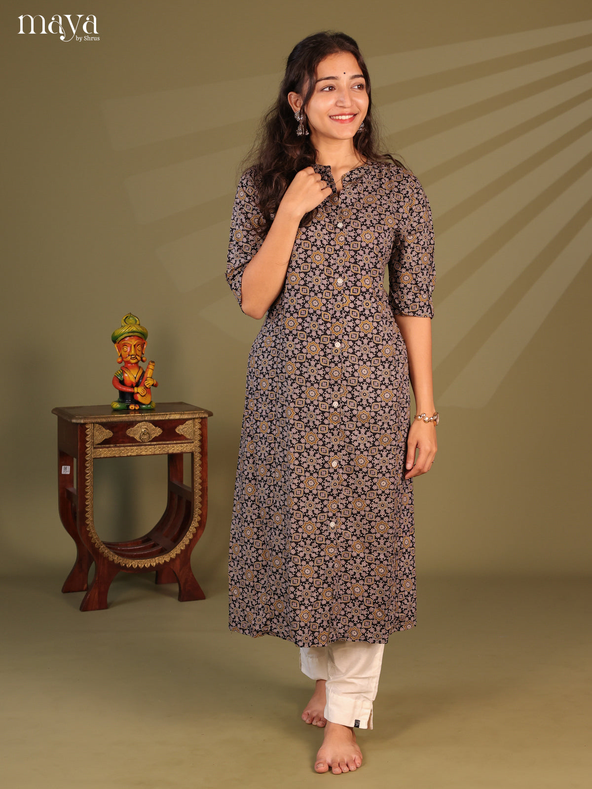 Black Ajrakh Printed Rayon Kurti