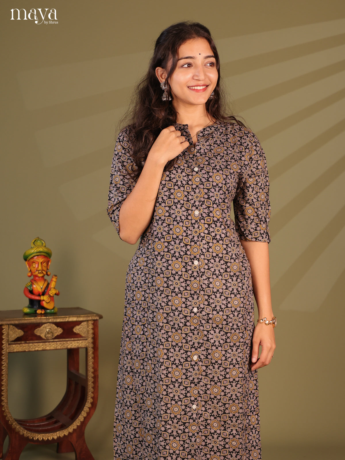Black Ajrakh Printed Rayon Kurti