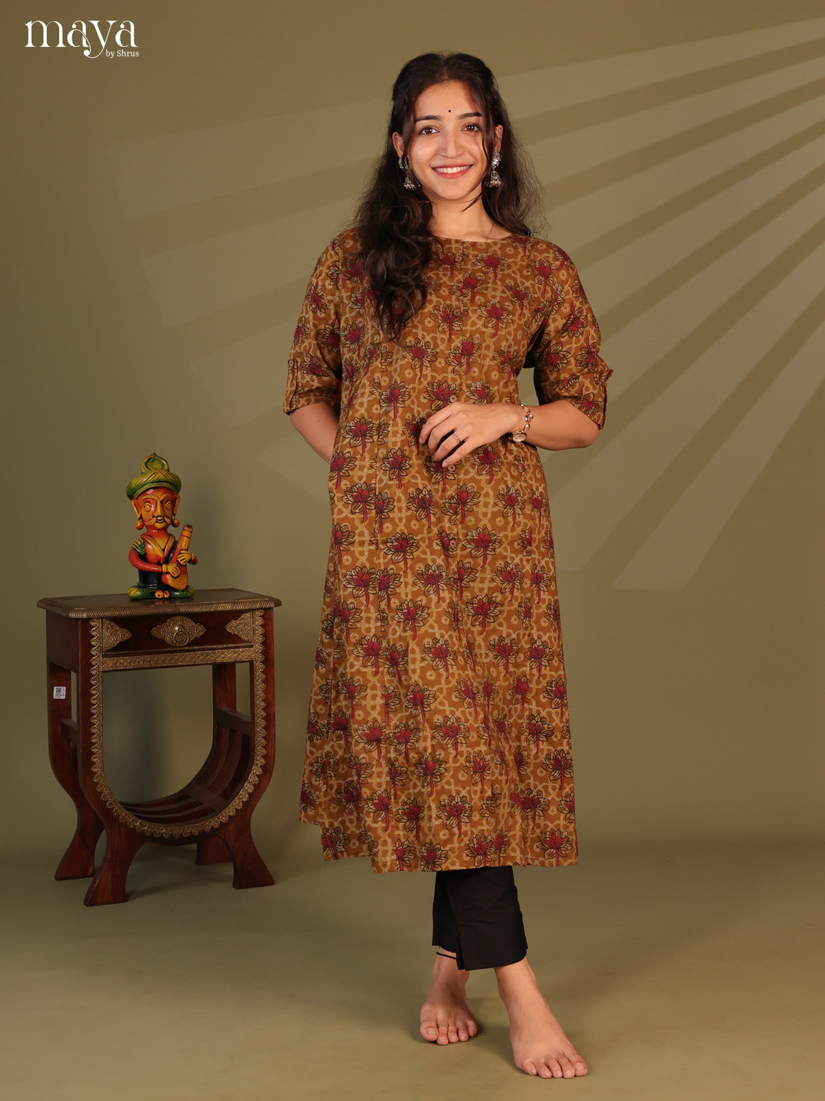Mustard Ajrakh Printed Cotton Kurti