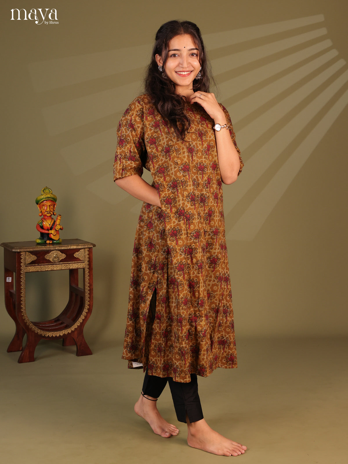 Mustard Ajrakh Printed Cotton Kurti