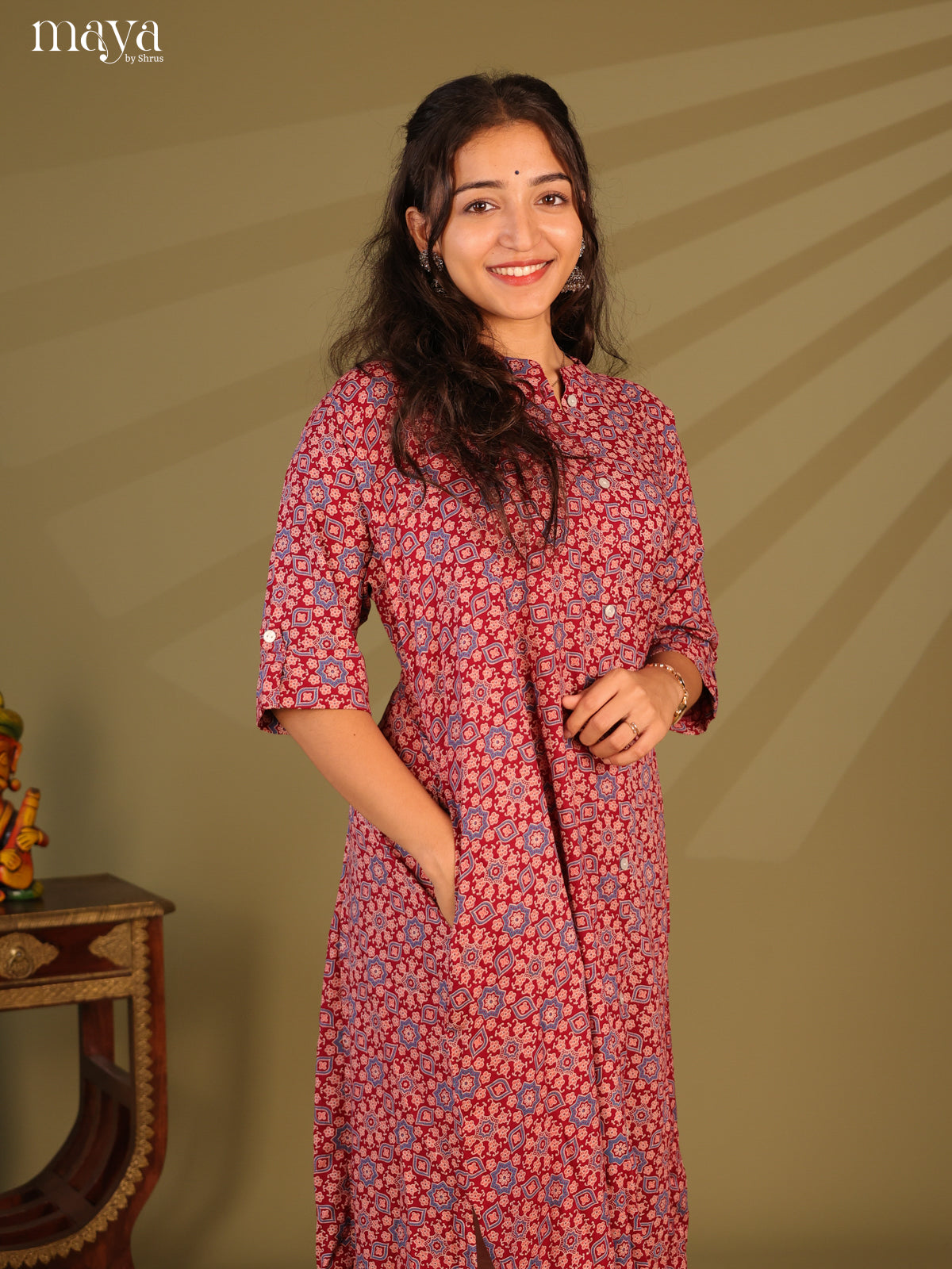 Red Ajrakh Printed Rayon Kurti