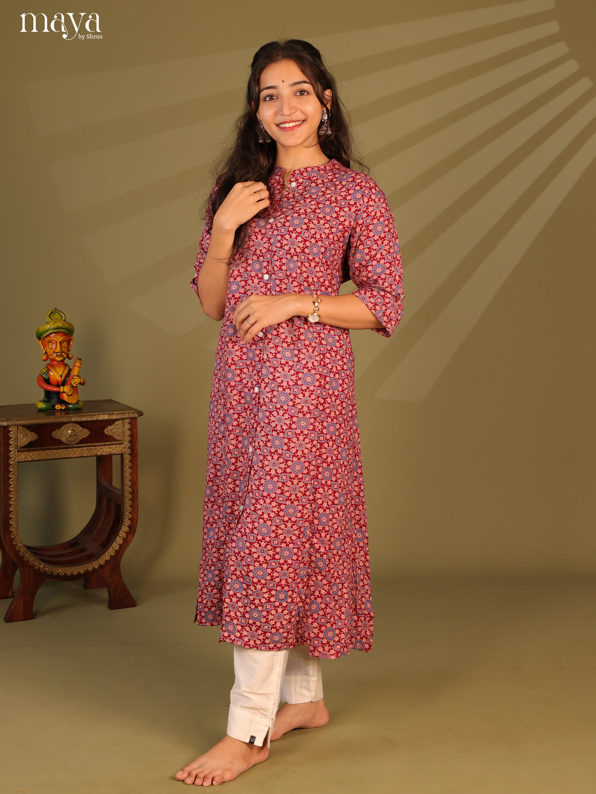 Red Ajrakh Printed Rayon Kurti