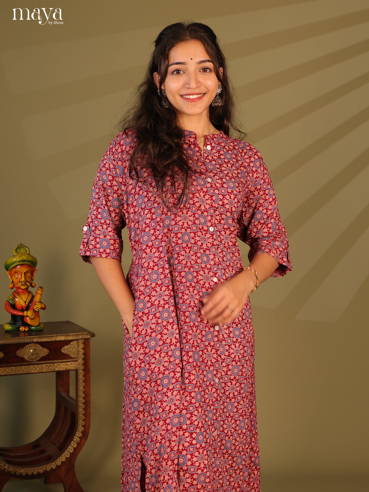 Red Ajrakh Printed Rayon Kurti