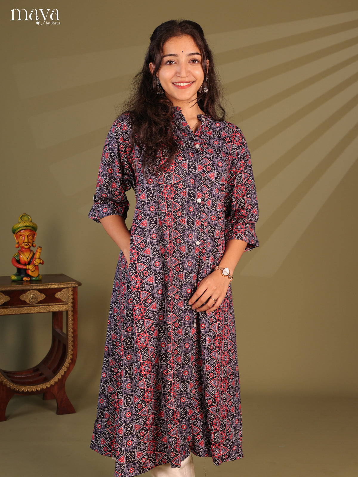 Grey Ajrakh Printed Rayon Kurti