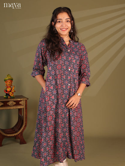 Grey Ajrakh Printed Rayon Kurti