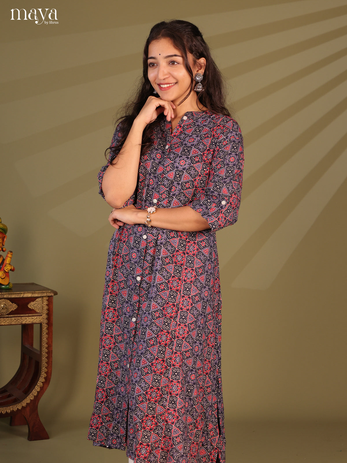 Grey Ajrakh Printed Rayon Kurti