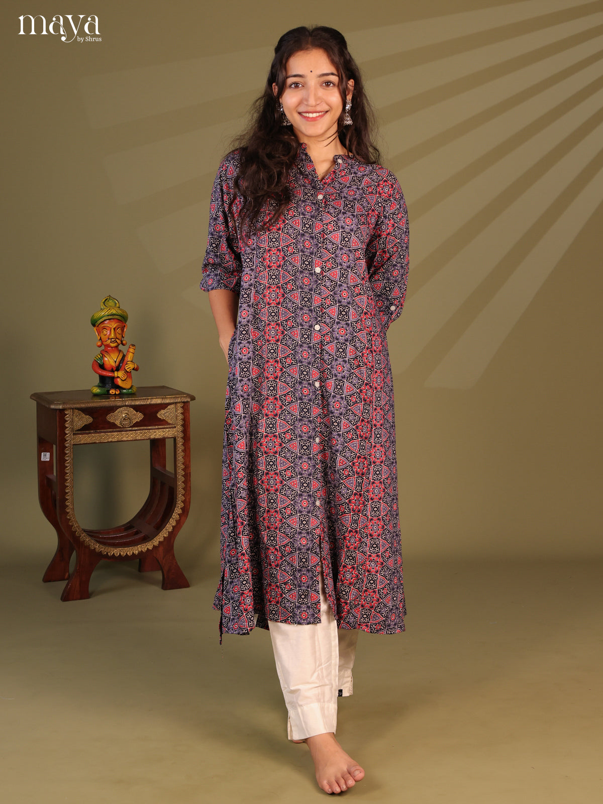 Grey Ajrakh Printed Rayon Kurti