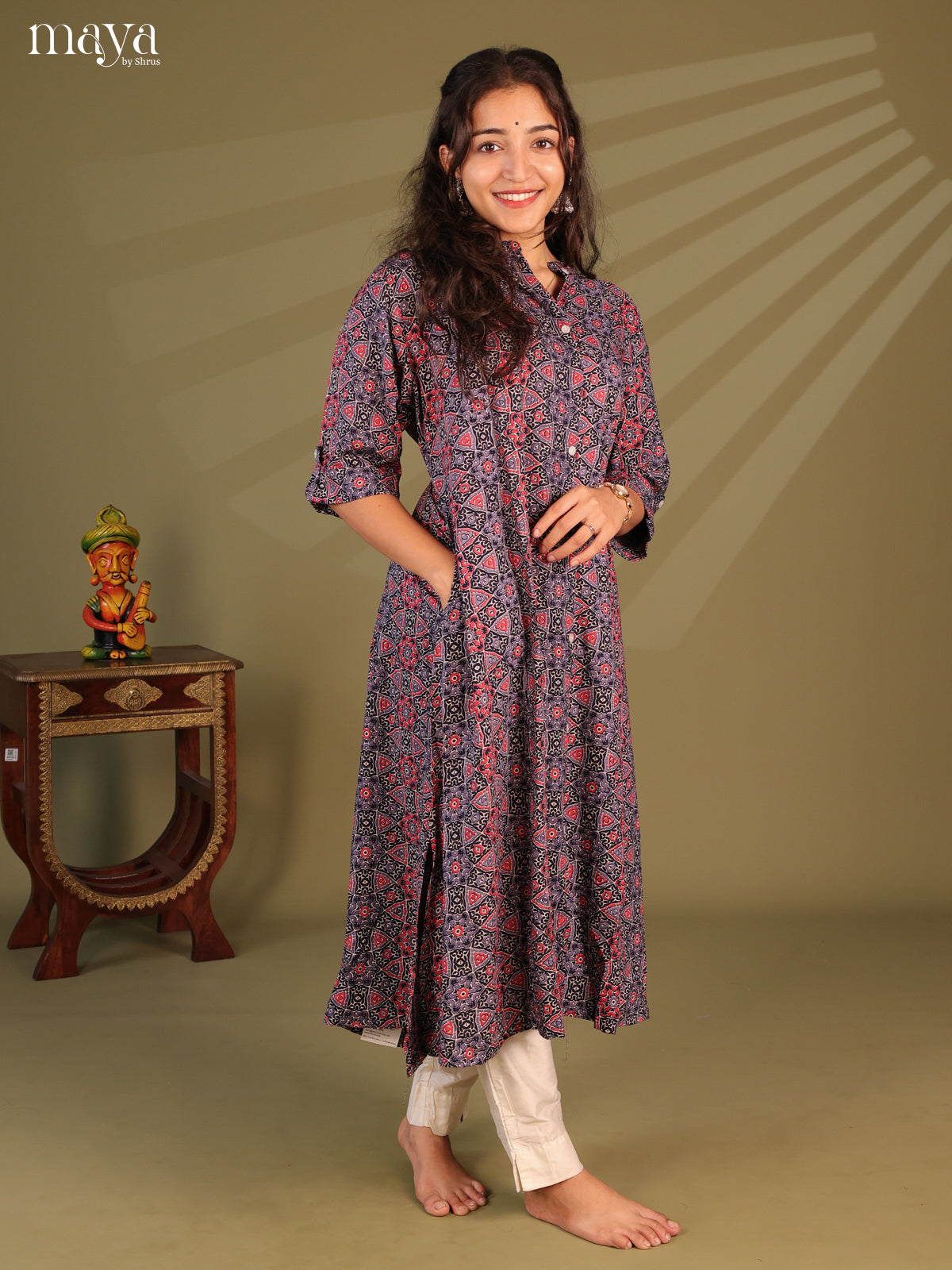 Grey Ajrakh Printed Rayon Kurti