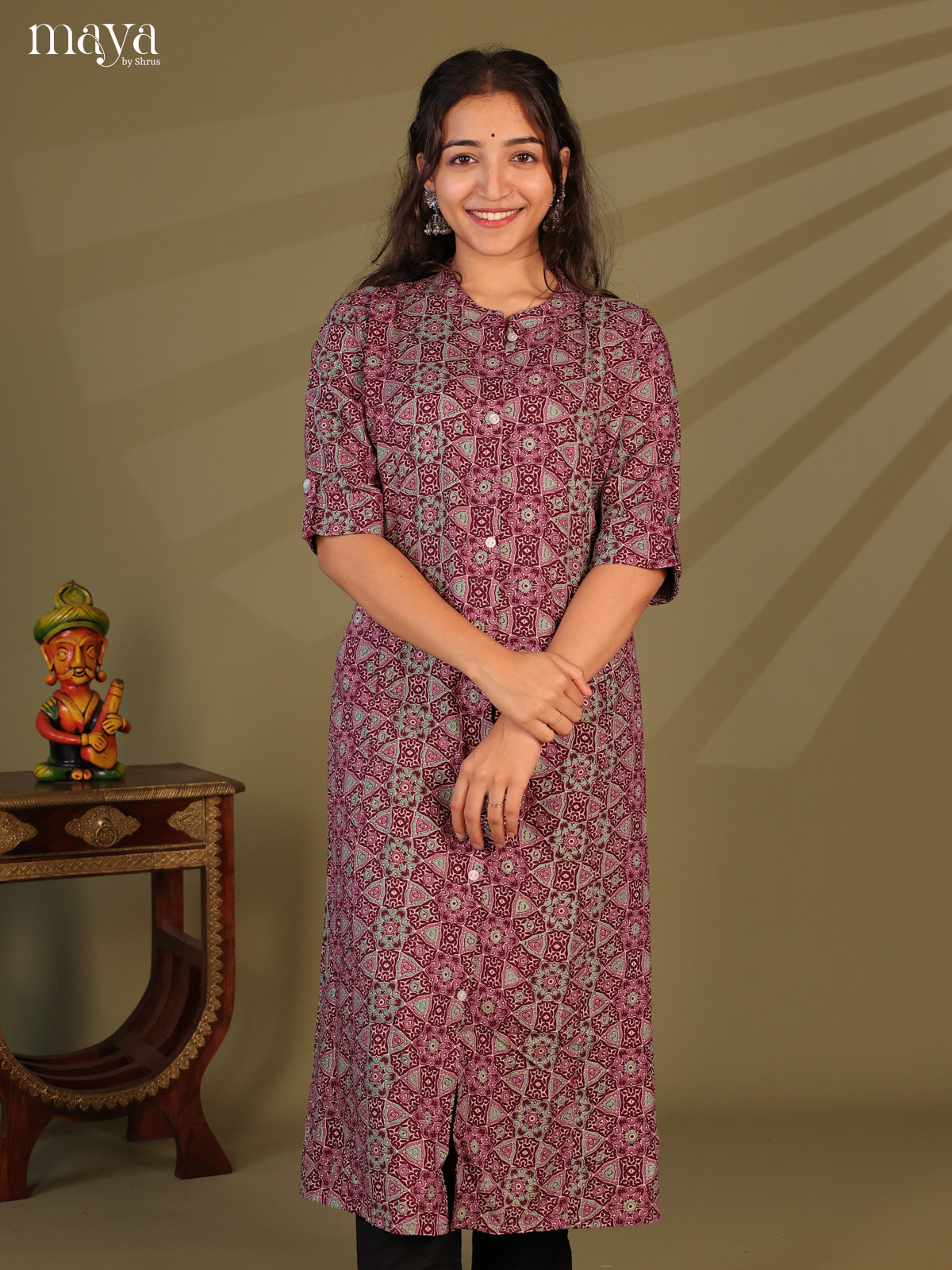 Maroon Ajrakh Printed Rayon Kurti