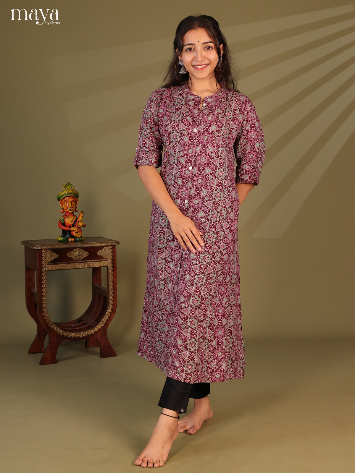 Maroon Ajrakh Printed Rayon Kurti