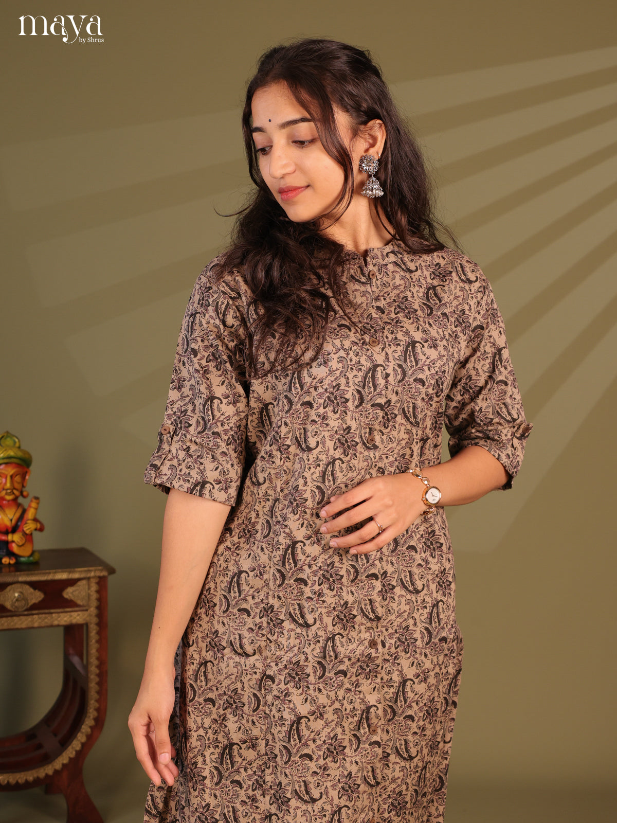 Brown Floral Printed Cotton Kurti