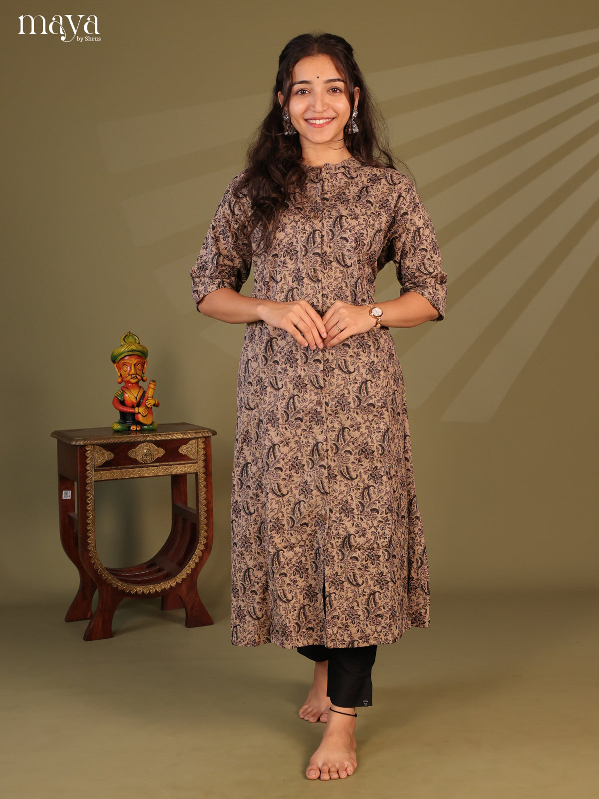 Brown Floral Printed Cotton Kurti