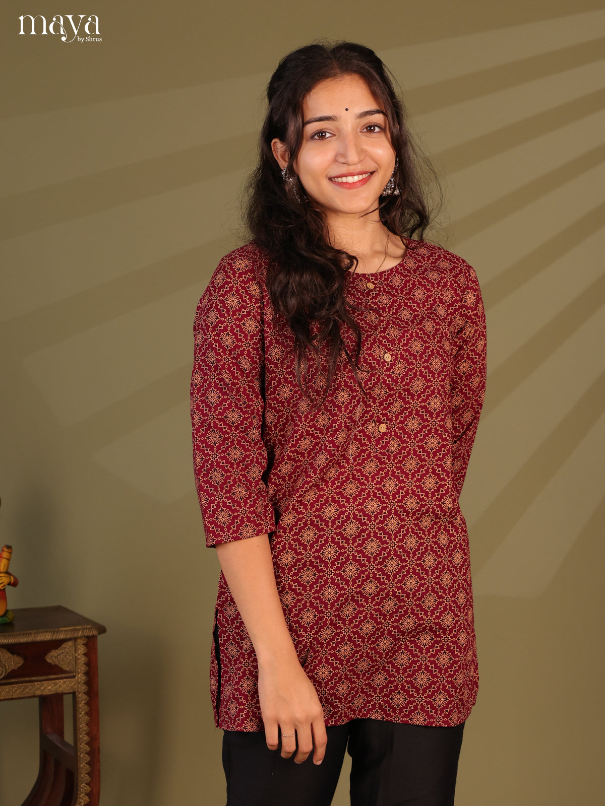 Floral Printed Maroon Cotton Short Kurti