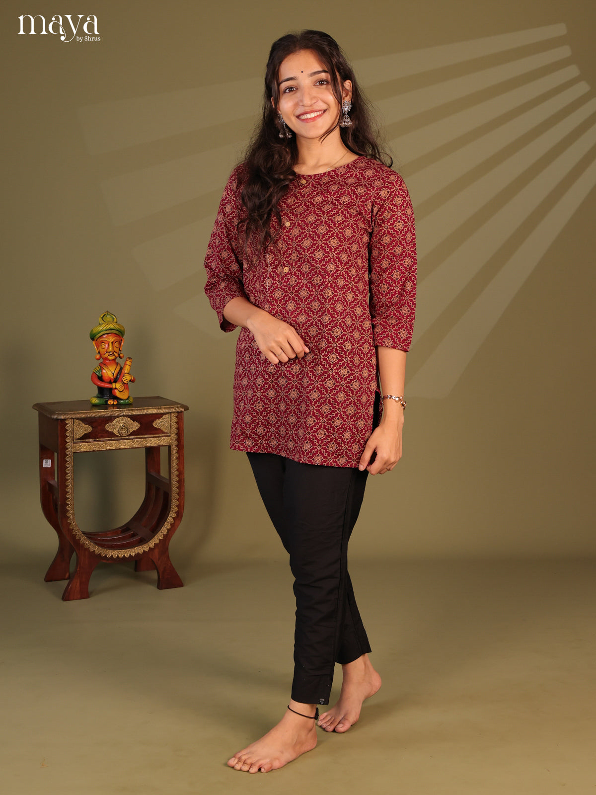 Floral Printed Maroon Cotton Short Kurti