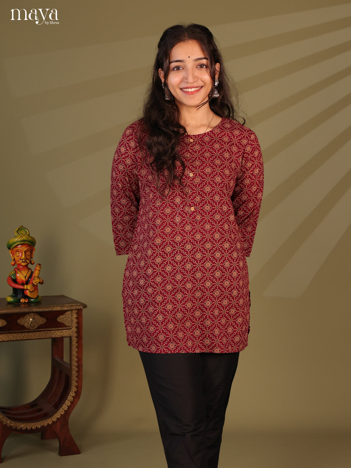 Floral Printed Maroon Cotton Short Kurti