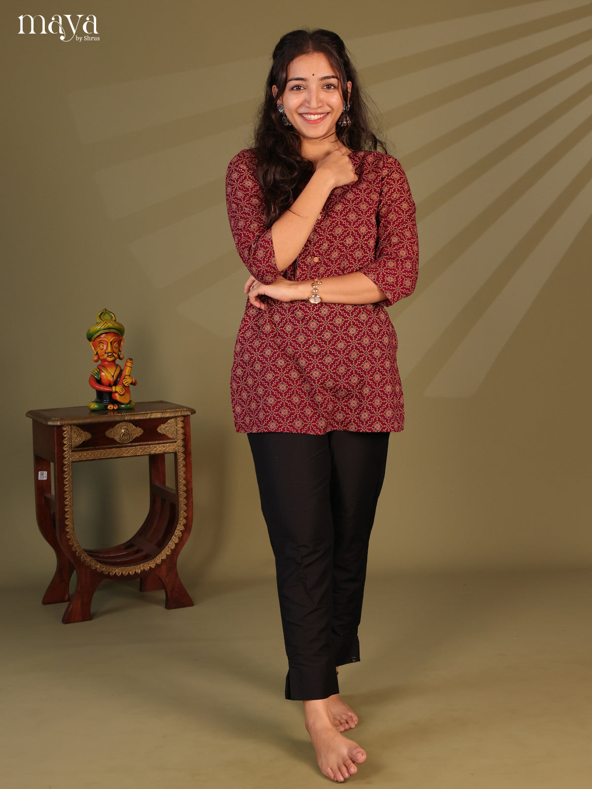 Floral Printed Maroon Cotton Short Kurti